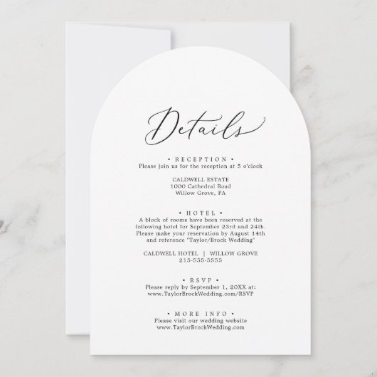 Zarter schwarzer Kalligraphiebogen in einer Hochze Einladung (Rückseite)