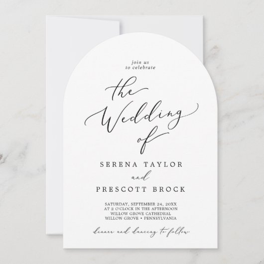 Zarter schwarzer Kalligraphiebogen in einer Hochze Einladung (Vorderseite)