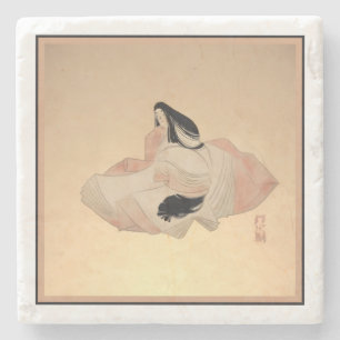 Zartes, altes japanisches Druckbild auf Marmor-Unt Steinuntersetzer