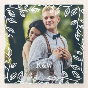 Zartes Blätterrahmen mit monogrammiertem Foto Glasuntersetzer