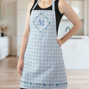 Zartes Blumenmonogramm Blau Gingham Cottagecore Schürze