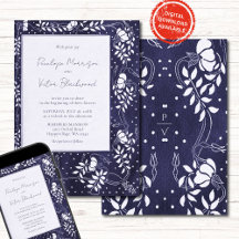 Zartes Blumenrahmen auf blauer Hochzeitseinladung