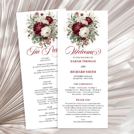 Zartes Burgunderrot Florales Hochzeitsprogramm Programm