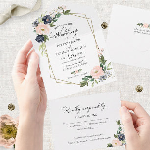 Zartes Rosa Blaues Florales Geometrisches Hochzeit All In One Einladung