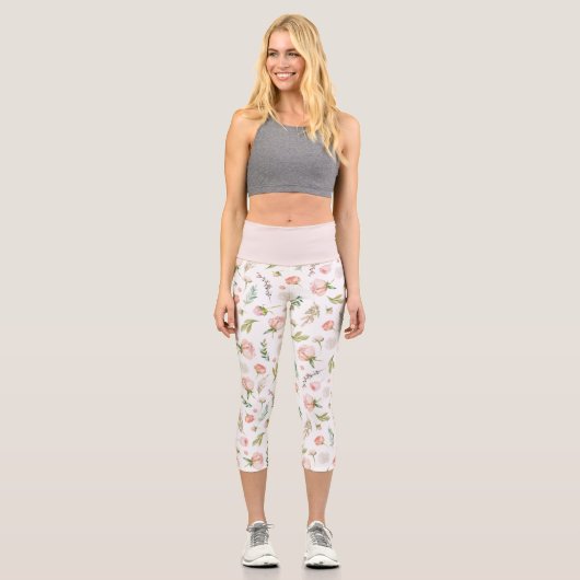 Zartes rosa Blumenmuster Capri Leggings (Vorderseite)