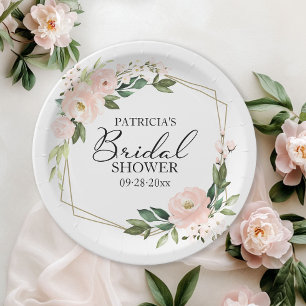 Zartes Rosa-Blush-Blumen- Geometrischer Brautdusch Pappteller