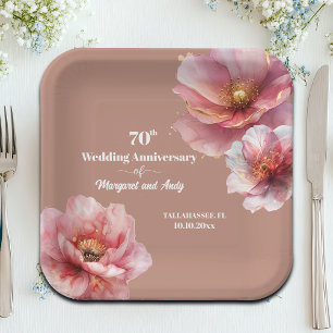 Zartes Rosa Gold Blumen 70. Hochzeitstag Pappteller