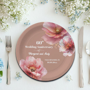 Zartes Rosa Gold Floral 60. Hochzeitstag Pappteller