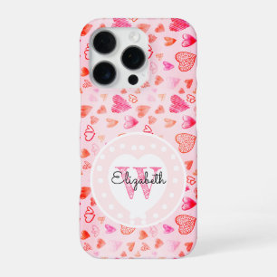 Zartes rosa Herz Muster & Monogramm weißes Herz  iPhone 16 Pro Hülle