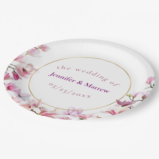 Zartes rosa Magnolia, kundenspezifisches Hochzeits Pappteller (Schrägansicht)