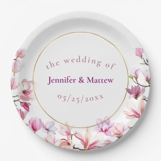 Zartes rosa Magnolia, kundenspezifisches Hochzeits Pappteller (Vorderseite)
