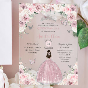 Zartes Rosa Weißes Blumenprinzessin Quinceañera XV Acryleinladungen