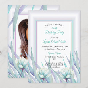 Zartes Türkis Lila Blumen Foto Geburtstag Einladung