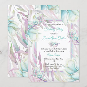 Zartes Türkis Lila Blumiges Wasserfarben Geburtsta Einladung