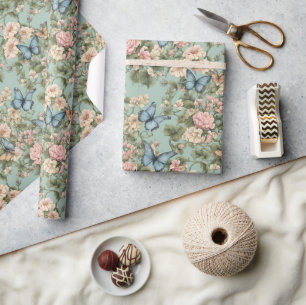 Zartestes Rosa Blaues Blumen- & Schmetterlingsmust Geschenkpapier