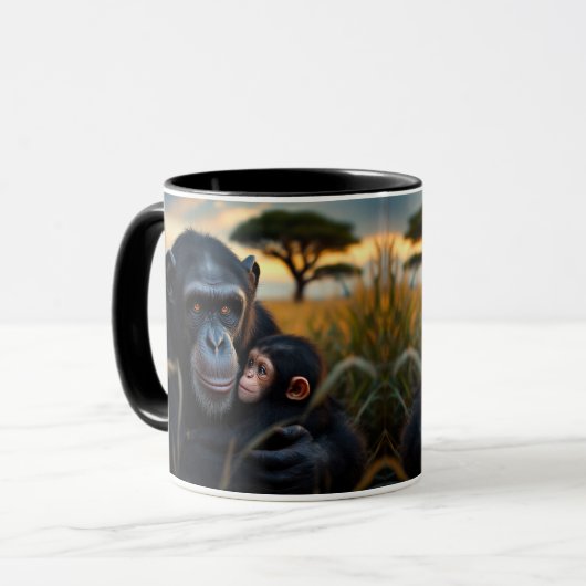 Zärtlichkeit eines Schimpansen und seines Babys. Tasse (Vorderseite Links)
