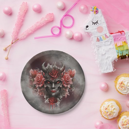 Zauberei | Dunkler Horned Dämon mit leuchtenden ro Pappteller (Party)