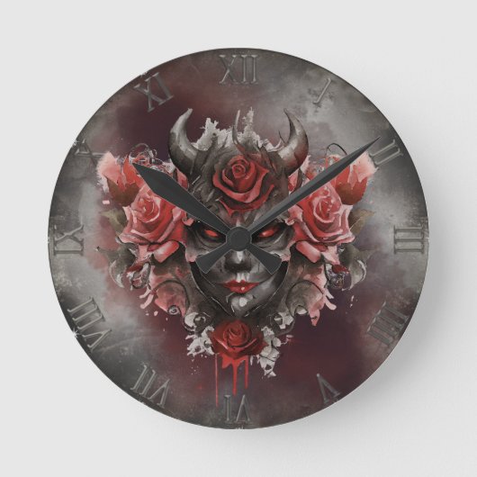 Zauberei | Dunkler Horned Dämon mit leuchtenden ro Runde Wanduhr (Vorderseite)