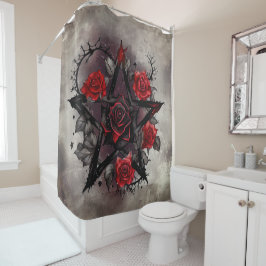 Zauberei | Gothic Pentagram mit Thorny Rote Rosen Duschvorhang