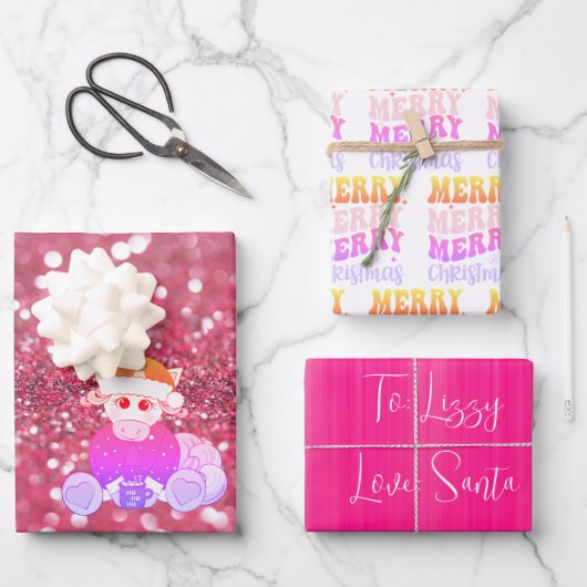 Zauberei zu Weihnachten mit rosa Einhorn Geschenkpapier Set (Vorderseite)