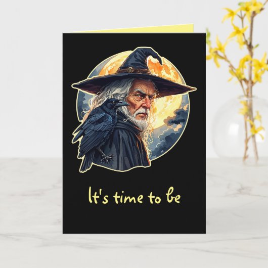 Zauberer mit einem Raven - Halloween Fan Fun 2 Karte (Gelbe Blume)