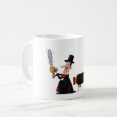 Zauberer sägt Frau in der Hälfte durch Kaffeetasse (Vorderseite Links)