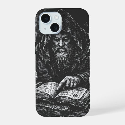 Zauberer studiert das Grimoire — von BurnsInHell iPhone 15 Hülle (Rückseite)