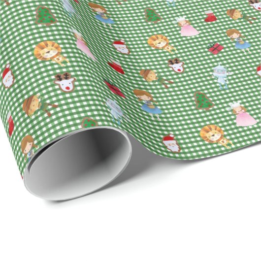 Zauberer von Oz Christmas auf Green/White Gingham Geschenkpapier (Rolleneckpunkt)