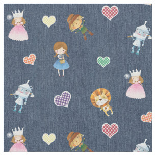 Zauberer von Oz und Gingham Hearts on Blue Denim Stoff