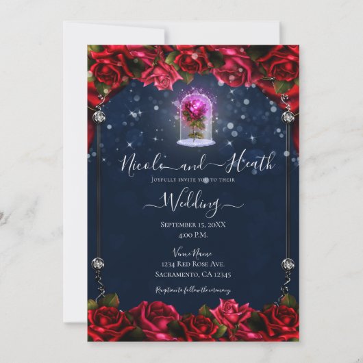 Zauberglühende Rote Rose Silver Navy Blue Wedding Einladung (Vorderseite)