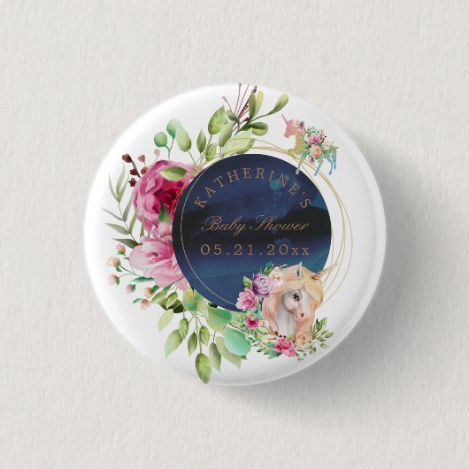 zauberhafte Blumen-Einhorn-Babydusche Button (Vorderseite)