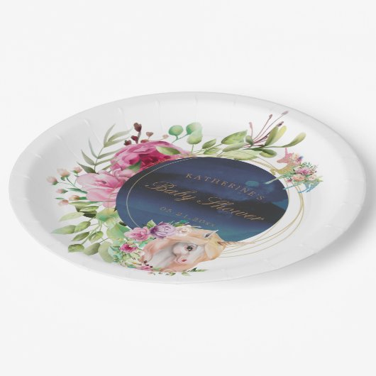 zauberhafte Blumen-Einhorn-Babydusche Pappteller (Schrägansicht)