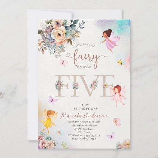 Zauberhafte Blumenpracht-Prinzessin macht fünf Wür Einladung (Vorderseite)