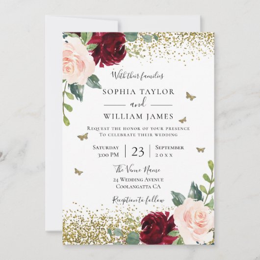 Zauberhafte Blush & Burgund Red Floral Spring Wedd Einladung (Vorderseite)