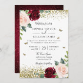 Zauberhafte Blush & Burgund Red Floral Spring Wedd Einladung (Vorne/Hinten)