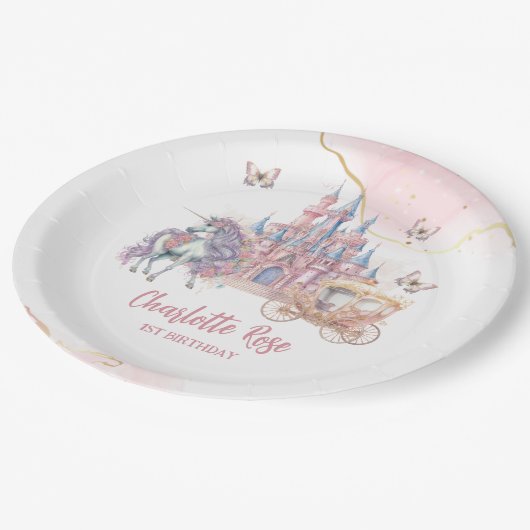 Zauberhafte Burg Einhorn Rosa Prinzessin 1. Geburt Pappteller (Schrägansicht)