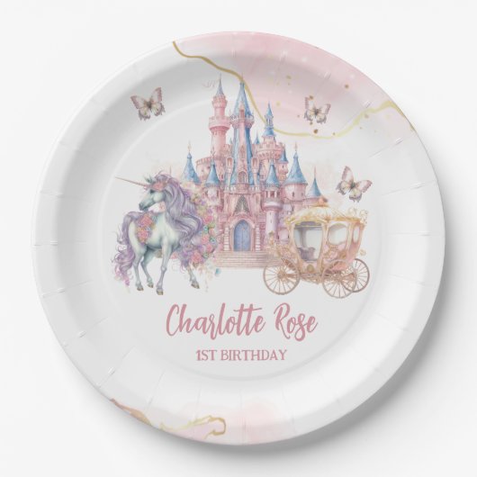 Zauberhafte Burg Einhorn Rosa Prinzessin 1. Geburt Pappteller (Vorderseite)
