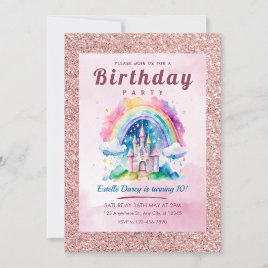 Zauberhafte Burg Rainbow 10. Geburtstag Einladung (Vorderseite)