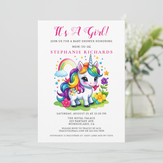 Zauberhafte Einhorn-Girl-Babydusche Einladung (Stehend Vorderseite)