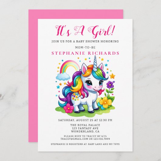 Zauberhafte Einhorn-Girl-Babydusche Einladung (Vorne/Hinten)