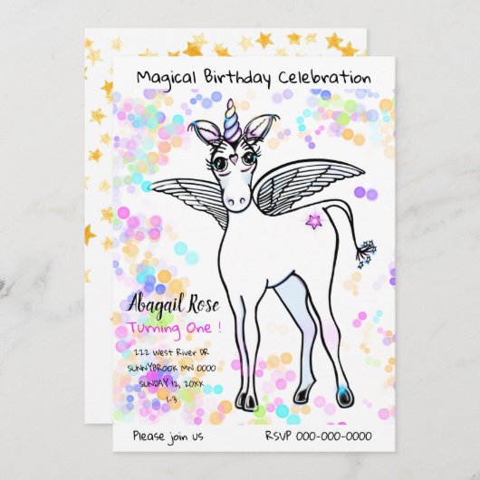 Zauberhafte Einhorn mit bunten Blasen Einladung (Vorne/Hinten)