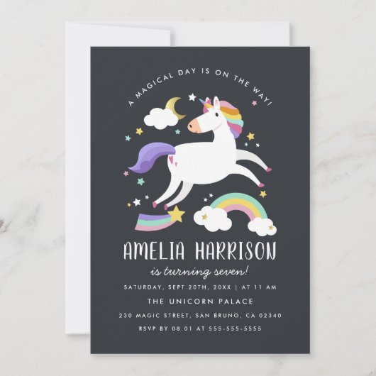 Zauberhafte Einhorn-, Sterne- und Regenbogen-Gebur Einladung (Vorderseite)