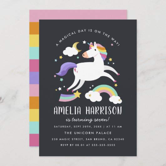 Zauberhafte Einhorn-, Sterne- und Regenbogen-Gebur Einladung (Vorne/Hinten)
