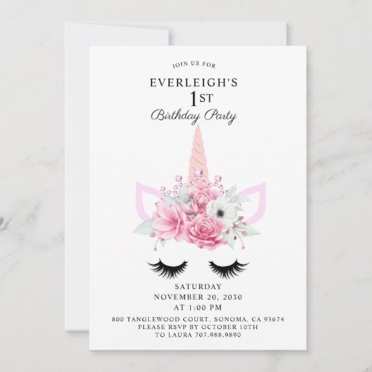 Zauberhafte Einhorn- und Blumenzauber 1. Geburtsta Einladung (Vorderseite)
