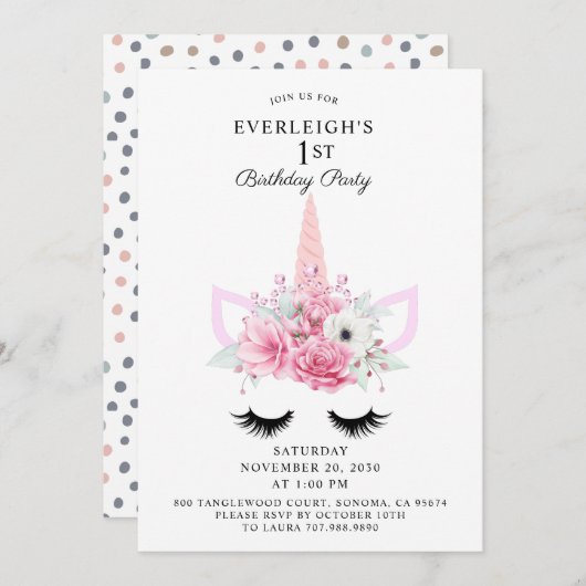 Zauberhafte Einhorn- und Blumenzauber 1. Geburtsta Einladung (Vorne/Hinten)