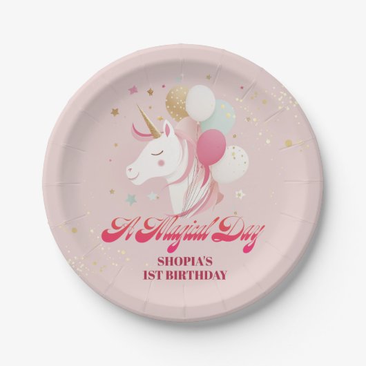 Zauberhafte Einhorn zum 1. Geburtstag Pappteller (Vorderseite)
