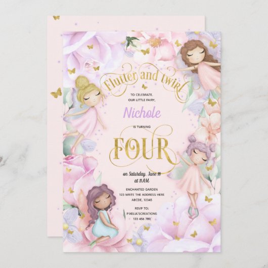 Zauberhafte Gartenmärchen, Mädchen zum 4. Geburtst Einladung (Vorne/Hinten)