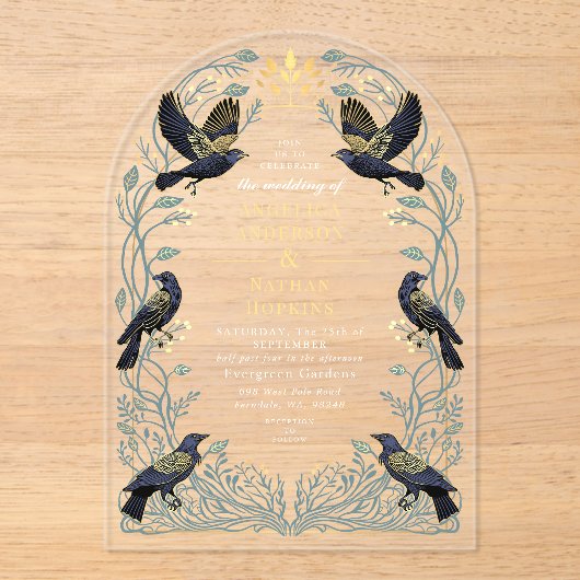 Zauberhafte Gothic Raven Floral Wedding Ach Acryleinladungen (Vorderseite)