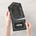 Zauberhafte Gothic Raven Floral Wedding All In One Einladung<br><div class="desc">Elegantes und gotisches Hochzeitsdesign mit Raben und Blattwerk. Dieses Design ist mit einem schwarzen Hintergrund, dunkelblauen Raben und matten grünen Blätter mit goldenen Akzenten ausgestattet. Die Goldfolie auf dieser Einladung ist KEINE echte Folie. Matching Items in unserem Shop für ein komplettes Party Thema. Für weitere Fragen kontaktieren Sie uns bitte...</div>