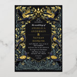 Zauberhafte Gothic Raven Floral Wedding Folieneinladung<br><div class="desc">Elegantes und gotisches Hochzeitsdesign mit Raben und Blattwerk. Dieses Design ist mit einem schwarzen Hintergrund,  dunkelblauen Raben und matten grünen Blätter mit goldenen Akzenten ausgestattet. Matching Items in unserem Shop für ein komplettes Party Thema. Für weitere Fragen kontaktieren Sie uns bitte unter ThePaperieGarden@gmail.com.</div>
